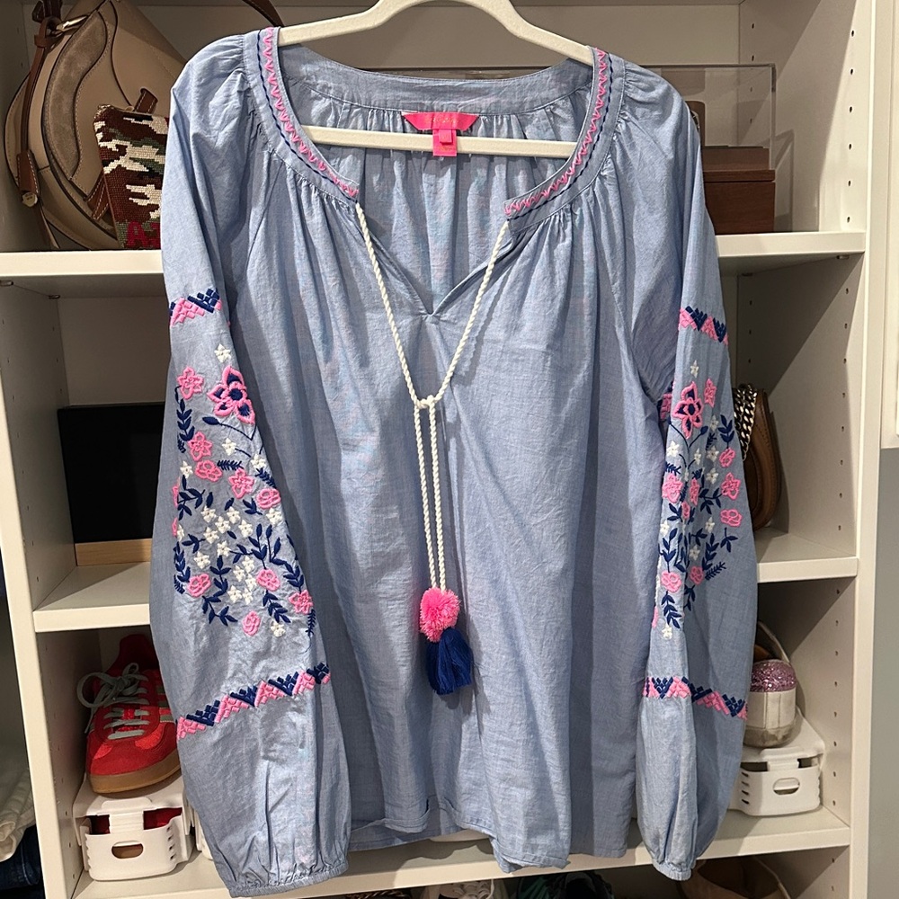 Lilly Pulitzer Light Blue Blouse with Pink Embroidery